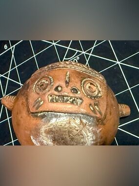 Mexican Folk Art Pottery Handcrafted Pre-Colombian Clay Head Jar Vessel Vase
